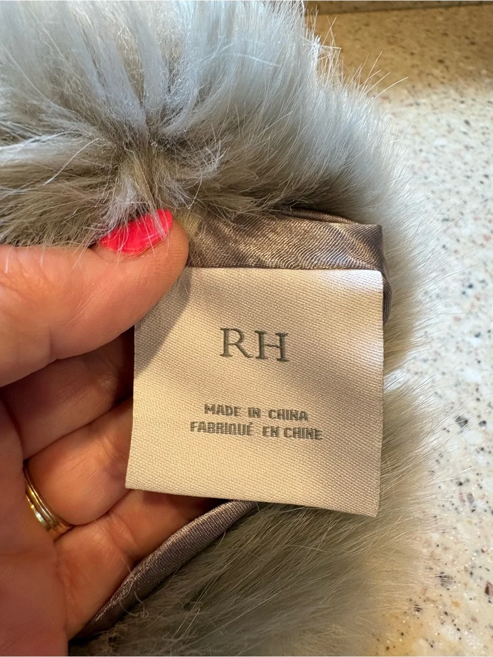 Restoration Hardware (RH) Ultra Faux Fur Wine Bag With Leather Tie, NWT, Fog